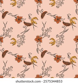 Hand drawn, brush, illustration, beige floral, garden, leaves, brown, endless, all over print to use textile, fabric, clothing, backdrop, wallpaper, blanket, home textile, clothing, fashion, packaging