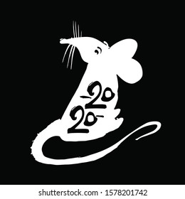 Handgezeichnete Bürste- und Tintenfisch-Vorlage weiß Rat 2020. Handschriftrate 2020. Jahr der Ratte auf dem chinesischen Kalender.
