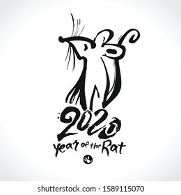 Hand drawn brush and ink blot template Rat 2020. Handwriting rat 2020. Year of the Rat on the Chinese calendar.