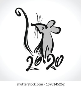 Hand drawn brush and ink blot template Rat 2020. Handwriting rat 2020. Year of the Rat on the Chinese calendar.
