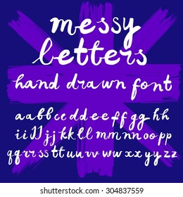 Hand drawn brush ink vector ABC letters set on colorful grungy background. Messy doodle comic font for your design.