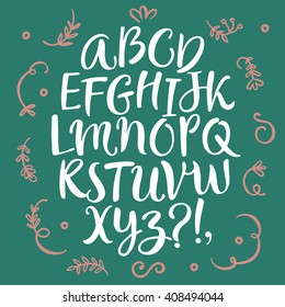 Hand drawn brush ink vector ABC  letters set with doodle floral elements. Curly decorative font for your design.
