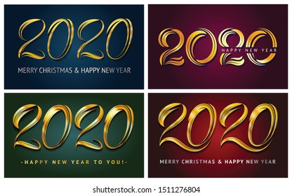 Hand drawn brush lettering 2020 for you design Happy New Year and Merry Christmas set cards, vector illustration.