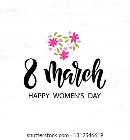 Hand drawn brush lettering 8 March. Women's Day holiday greeting card with flower. Template for poster, banner, flyer, gift card, invitation. Vector illustration isolated on white background