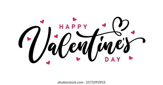 Hand drawn brush lettering composition of Happy Valentines Day on white background. Cute holiday calligraphy text.