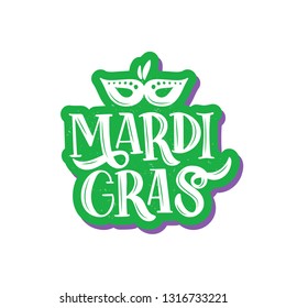 Hand drawn brush lettering Mardi Gras. Text for carnival with traditional symbol mask. Element for logo, sticker, banner, badge, flyer, greeting card, Vector illustration isolated on white background.