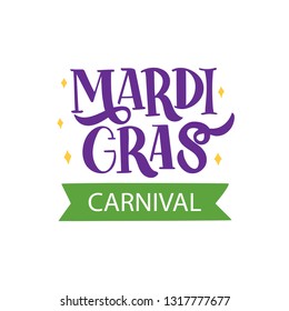 Hand drawn brush lettering Mardi Gras. Celebration text for carnival, masquerade. Element for logo, banner, flyer, greeting card, Vector illustration isolated on white background.