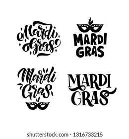 Hand drawn brush lettering set. Mardi Gras carnival. Design element for logo, banner, flyer, greeting card, Vector illustration isolated on white background.