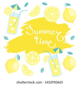 hand drawn brush lettering Summer Time on paint stroke with cute cartoon lemons, lemonade, lemon slices and leaves. Vector illustration