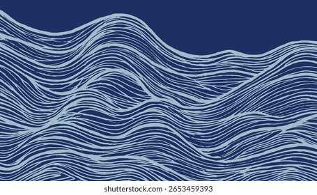 Linha de escova desenhada à mão azul monocromático abstrato de onda fluente e padrão de água, escultura de madeira japonesa e étnica, impressão de bloco fundo textura imperfeita, gráfico calmo e simples
