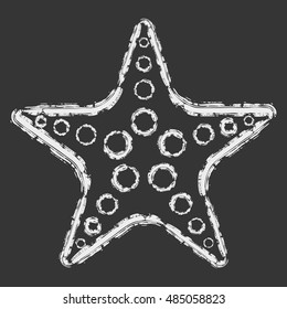 Hand drawn brush line chalk white starfish on black background