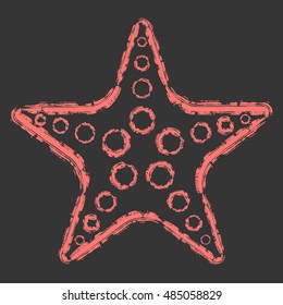 Hand drawn brush line chalk color starfish on black background