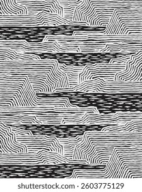 Hand drawn brush lines abstract landscape background in black and white, Japanese and ethnic wood carving, block print textured surface graphic for textile, carpet, decoration