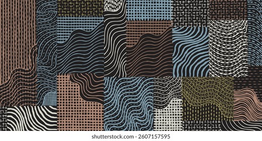 Hand drawn brush lines abstract patchwork collage waves and water with stitching texture pattern, Japanese Sashiko traditional embroidery handcraft inspired surface experimental design background
