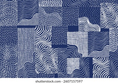 Hand drawn brush lines abstract patchwork collage waves and water with stitching texture pattern, Japanese Sashiko traditional embroidery handcraft inspired surface experimental design background