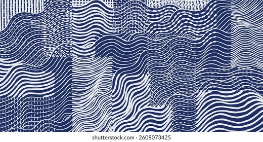Hand drawn brush lines abstract patchwork collage waves and water with stitching texture pattern, Japanese Sashiko traditional embroidery handcraft inspired surface experimental design background