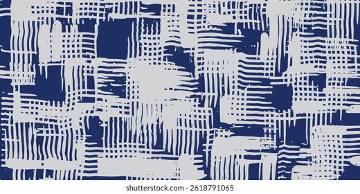 Hand drawn brush lines abstract square cross hatch pattern in white and blue, Japanese and ethnic wood carving, engraving texture background, simple graphic for textile, carpet, decoration