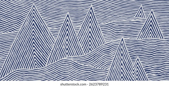 Hand drawn brush lines abstract mountains pattern, Japanese and ethnic wood carving, engraving texture background in blue and white, handcrafted landscape graphic for textile, carpet