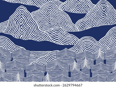 Linhas de pincel desenhadas à mão abstrata Paisagem urbana japonesa a partir da vista superior com padrão de montanhas em branco e azul, folclore étnico e entalhe de madeira tribal, fundo de textura de gravação, paisagem para decoração