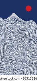 Hand drawn brush lines abstract waves and water with Fuji mountain background, Japanese folk wood carving, block print texture pattern in white and blue, handcrafted graphic for textile, decoration