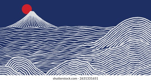 Hand drawn brush lines abstract waves and water and stones with Fuji mountain panorama background, Japanese folk, ethnic wood carving, block print texture banner, simple graphic for decoration
