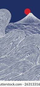 Linhas de pincel desenhadas à mão abstrato ondas e ondulações com Fuji montanha no fundo, Escultura de madeira folclórica japonesa, padrão de textura de impressão de bloco em branco e azul, gráfico artesanal para decoração