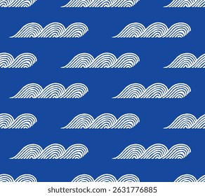 Hand drawn brush lines abstract wave and water or clouds seamless pattern, Japanese folk, ethnic wood carving texture background, simple and cute graphic for textile, carpet, decoration