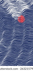Hand drawn brush lines abstract waves and water with reflection of Fuji mountain and sun background, Japanese folk, ethnic wood carving, block print texture banner, simple graphic for decoration