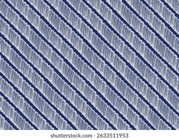 Hand drawn brush lines abstract diagonal stripes of ropes pattern in white and blue, Japanese folk, ethnic wood carving, block print texture background, minimal graphic for carpet, textile, decoration