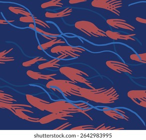 Hand drawn brush lines abstract fish in the pond seamless pattern in orange and blue, Japanese wood carving, block print texture background for textile, carpet, decoration