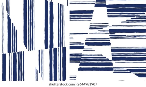 Hand drawn brush lines abstract high contrast uneven stripes pattern in white and blue, geometric hand paint collage, minimal monochromatic background for textile, carpet, decoration