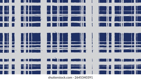 Hand drawn brush lines abstract distressed plaid pattern in gray and blue, Japanese and ethnic handcrafted intersecting stripes grid background, simple modern graphic for textile, carpet