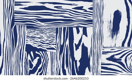Linhas de pincel desenhadas à mão abstrato padrão de grãos de madeira branco e azul, patchwork linhas onduladas fundo de folheado de madeira monocromático, gráfico naturalista para têxteis, decoração, tapete
