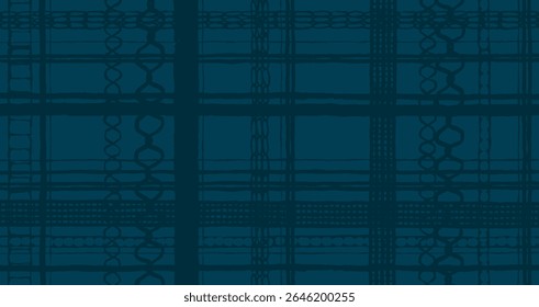 Linhas de pincel desenhadas à mão abstrato afligido padrão xadrez em azul monocromático, japonês e étnico artesanal interseção tecido listras grade fundo, gráfico simples para têxtil, tapete
