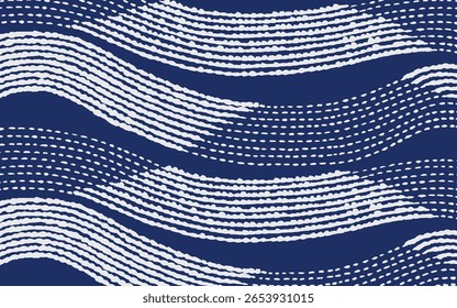 Linhas de pincel desenhadas à mão padrão de listras onduladas abstratas em branco e azul, japonês e textura étnica pintar linhas de traço, onda simples e gráfico de água para têxtil, tapete, projeto de design