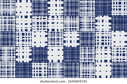Motif quadrillé de lignes de brosse dessinées à la main avec des lignes grillées en bleu marine et blanc. Un plaid rustique et moderne pour les textiles ou les arrière-plans avec une touche japonaise et tribale