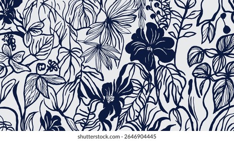 A hand drawn brush lines floral and botanical pattern in dark blue on a white background, featuring various flowers, leaves, and abstract natural elements for textile, carpet, decoration