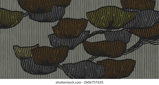 Hand drawn brush lines pine tree background, Japanese, ethnic wood carving, block print texture surface graphic for textile, carpet, decoration