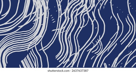 Hand drawn brush lines scattered and disorganized water waves and ripples pattern in white and blue, Japanese and tribal wood carving, weaving texture background for textile, carpet