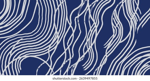 Hand drawn brush lines scattered and disorganized water waves and ripples pattern in white and blue, Japanese and tribal wood carving, experimental weaving texture background for textile