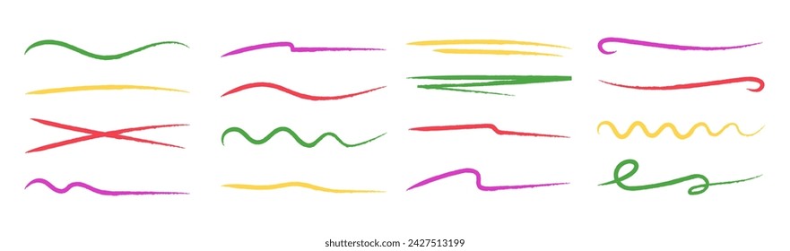 Líneas de pincel dibujadas a mano. Elementos ondulados y subrayados. Garabatos multicolores. Ilustración vectorial.