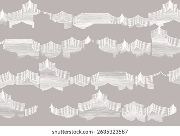 Linhas de pincel desenhadas à mão e silhueta abstrato casas e edifícios padrão em branco e bege, folk japonês e entalhe de madeira étnica, bloco imprimir textura fundo, gráfico irregular para têxtil
