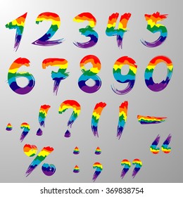 Hand drawn with brush numbers and signs multicolored  rainbow colors, vector