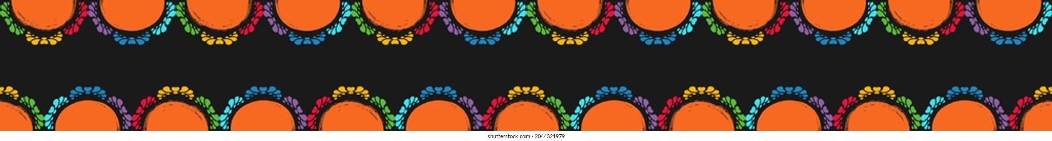Hand drawn brush orange circle with colorful lotus flower ornament frame. Seamless pattern buddhism border. Vector illustration