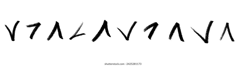 Hand drawn brush paint "V" arrow letter. grunge calligraphy line strokes. Flat vector illustration isolated on white background.