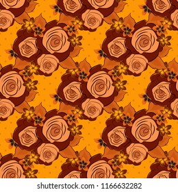 Hand drawn brush painting roses. Trendy floral background. Vector seamless ink pattern with abstract flowers in orange, yellow and red colors.