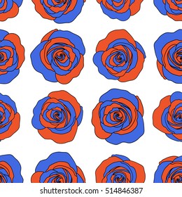 Hand drawn brush painting roses. Trendy floral background. Vector seamless ink pattern with abstract flowers in blue and orange colors.