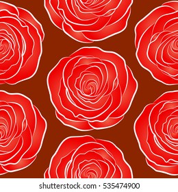 Hand drawn brush painting roses. Trendy floral background. Vector seamless ink pattern with abstract flowers in orange, red and brown colors.