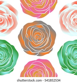 Hand drawn brush painting roses. Trendy floral background. Vector seamless ink pattern with abstract flowers in orange, pink and yellow colors.
