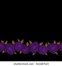 Hand drawn brush painting roses. Trendy floral background with copy space (place for your text). Vector seamless ink pattern with horizontal abstract flowers in purple and brown colors.